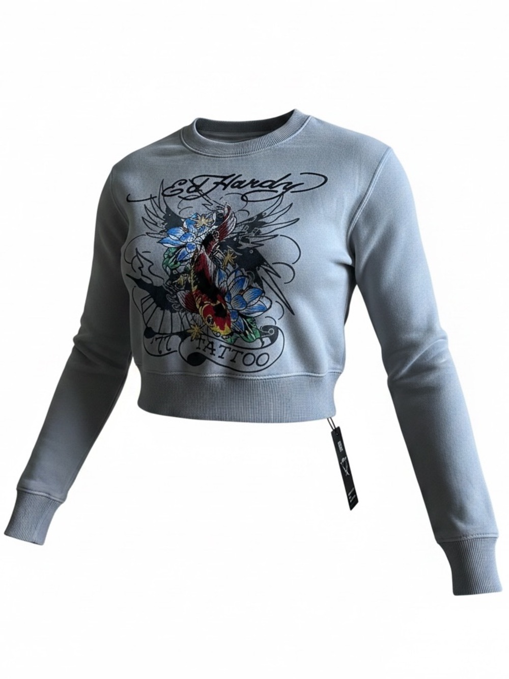 Ed Hardy Grey Cropped Tattoo Graphic Sweatshirt NWT